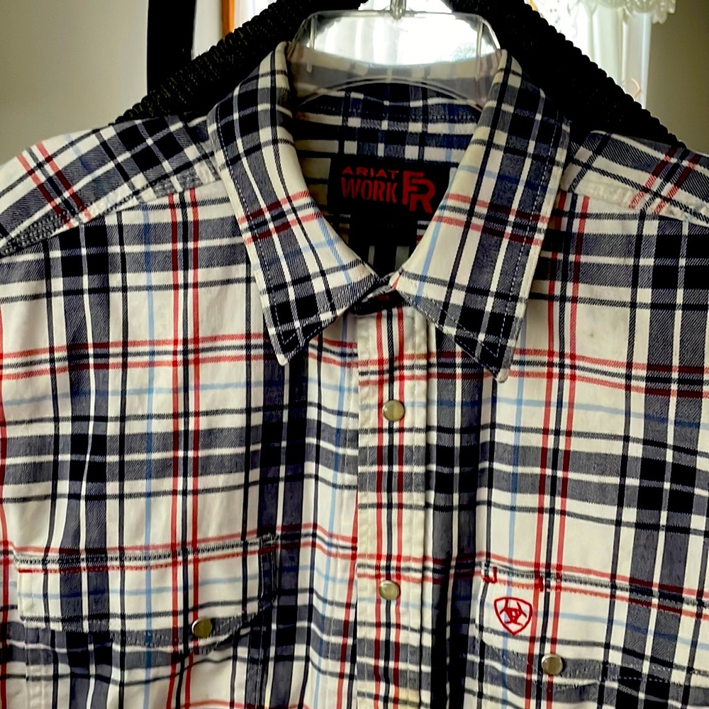Mens Ariat XL Long sleeve FR shirt ink stain on bottom and random marks stains